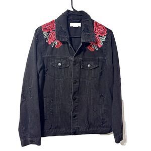 CI Sono Womens Denim Western Jacket Small Black Embroidered Floral Distressed